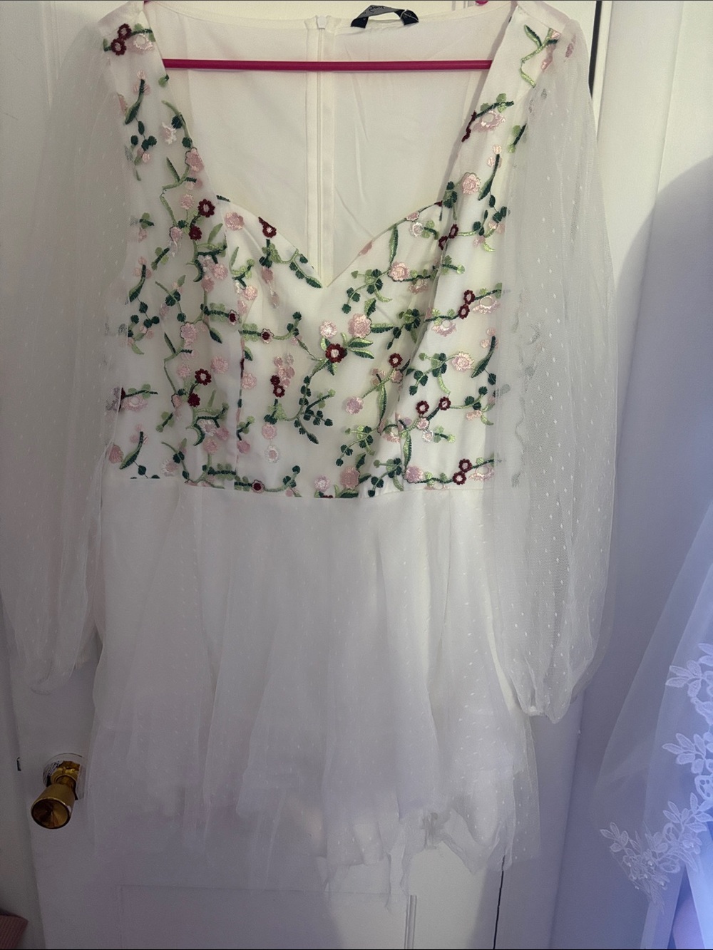 Simplee Apparel White Mini Dress with Pink & Green Floral Embroidery